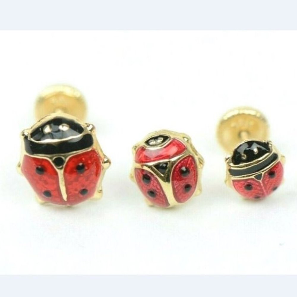 Solid 14k Yellow Gold Red and Black Enamel Ladybug Baby Earring Small with Pearl